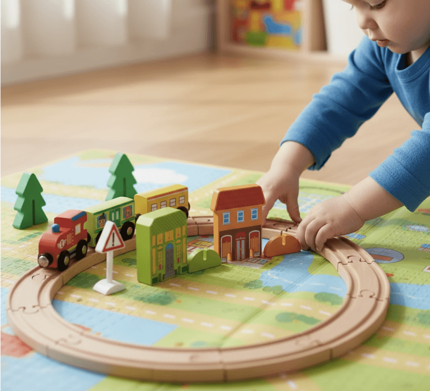Nene jugando con set de tren de madera Peque Nido